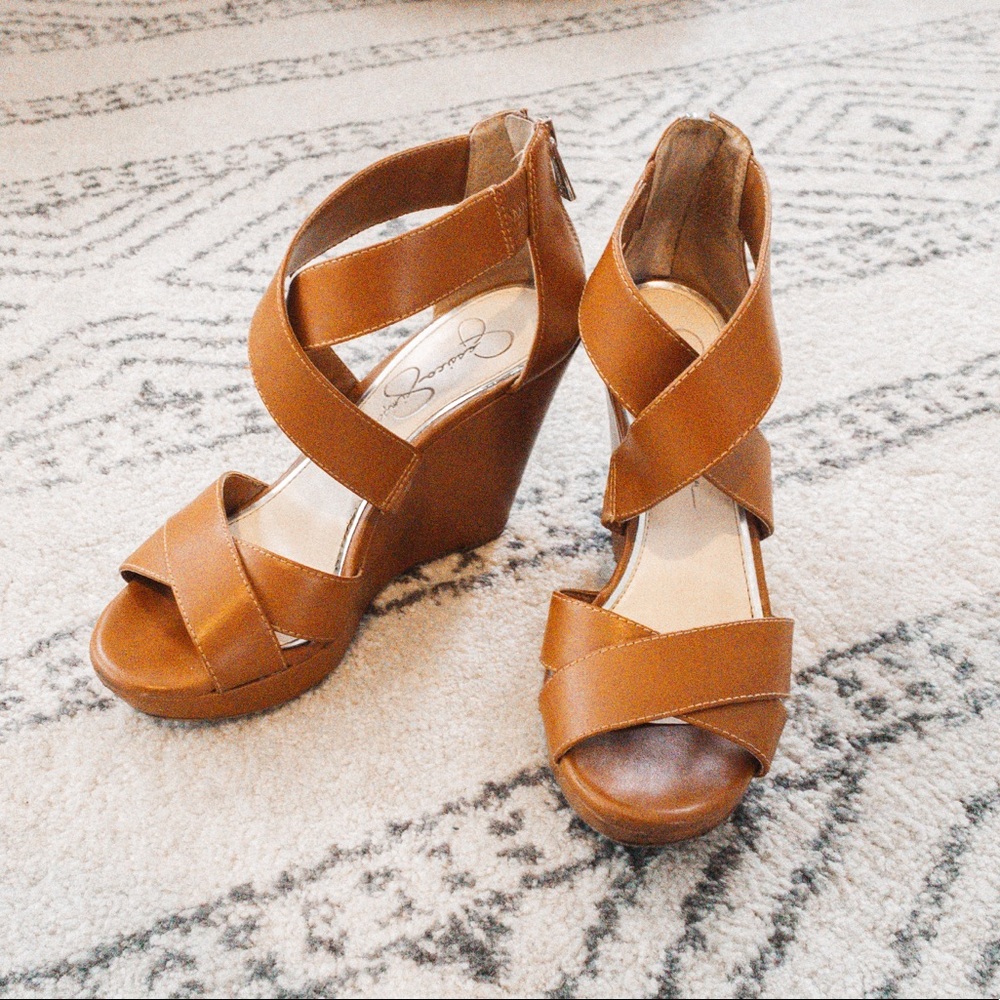 Jessica Simpson high heel wedge shoe brown 6.5